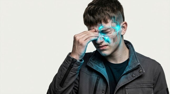 Man suffering from sinus pain. Visual representation of inflammation in nasal area. Healthcare concept illustrating chronic congestion and headache. Medical visualization of disease symptom.