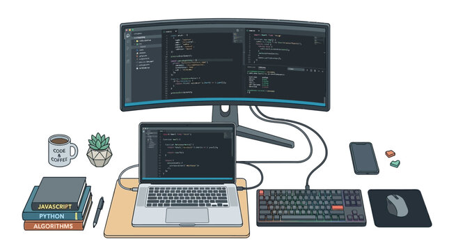 A person uses a laptop and dual monitors with a keyboard mouse and various office supplies on a desk indoors.
