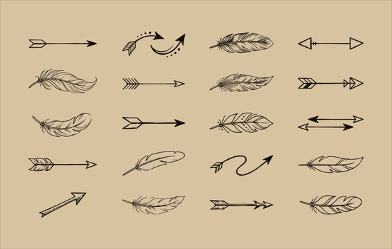 Boho inspired arrow and feather graphic collection featuring detailed sketch style elements for creative tribal themed design projects