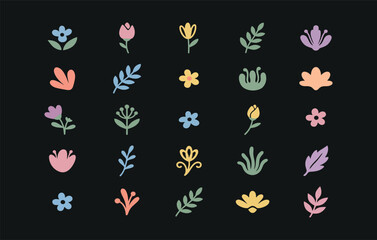 Fototapeta premium Collection of cute pastel floral and leaf icons featuring soft color palettes for minimalist graphic design and aesthetic digital projects