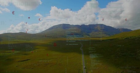 HUD ping causing overlays rising then fading, red icons drifting, car moving to peak show route © vectorfusionart