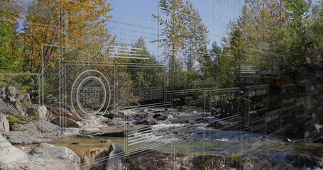 Obraz premium Wireframe overlay fading in from left and drifting right, visualizing data over flowing creek