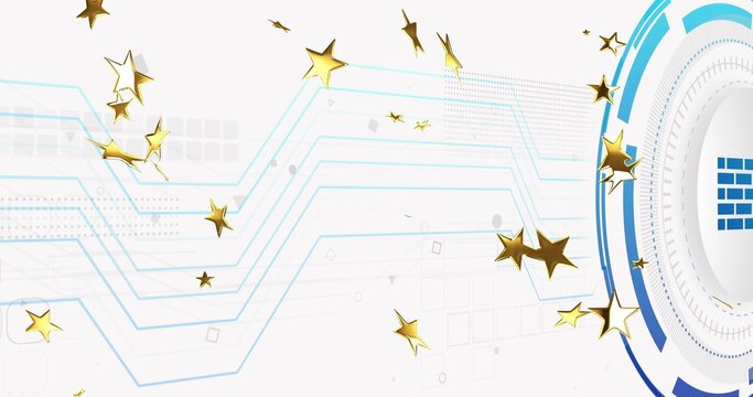 Right badge emerging, causing gold stars drifting, rotating over cyan HUD lines, showing badge