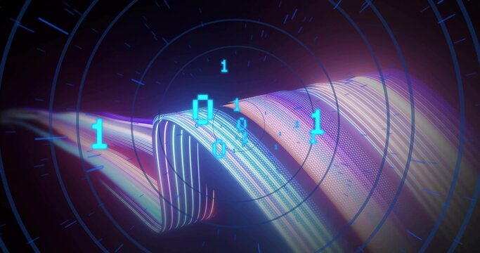 Zooming cam starting ribbon rolling shifting, binary digits drifting showing layers and data look