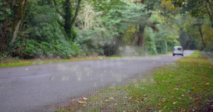 Minivan entering frame on road causing dotted binary overlay showing tech data, shifting, fading