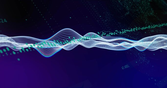 Flare sparking layered waveform moving on navy field rising peaks showing numbers teal dots forming