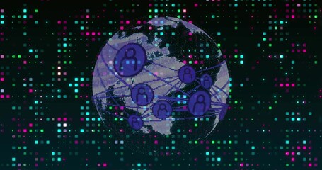 Obraz premium At start rotating globe showing lands pulsing purple nodes linking visualizing global network