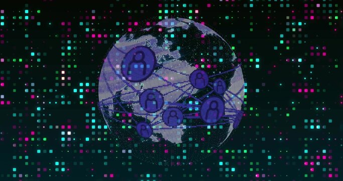 At start rotating globe showing lands pulsing purple nodes linking visualizing global network