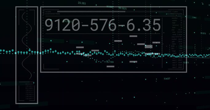 On incoming data HUD panel updating readouts, teal dots dipping and bars shifting, showing trends