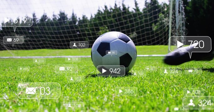 Sports striker trying score, kicking ball sparking social icons, keeper diving and saving ball