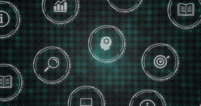 Circular icons forming grid pulsing drifting teal glow sweeping showing search and data for tech