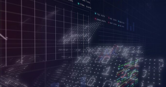 3D data viz emerging from darkness, forming market dashboard with dotted wave, 01 digits