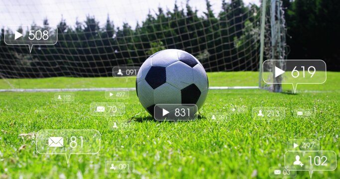 Sports striker trying score, kicking ball sparking social icons, keeper diving and saving ball
