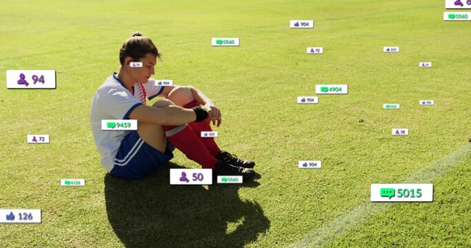 Woman soccer player sitting sideline social overlays growing right then fading while adjusting pose