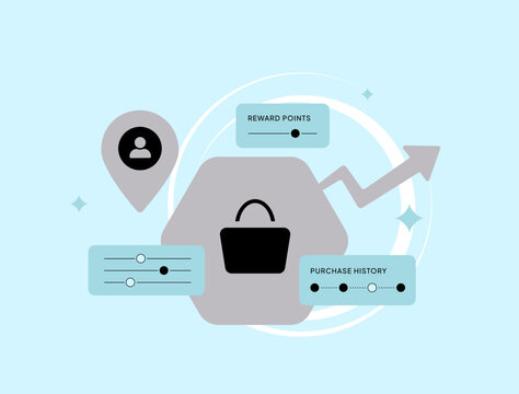 Customer loyalty program with reward points, purchase history, customer segmentation and shopping analytics to improve retention and lifetime value. Flat design vector illustration.