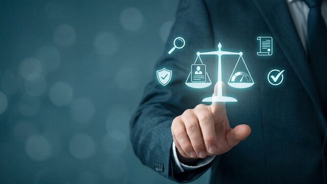 Legal compliance and justice scale in business, businessman weighing employee profile and performance assessment, law regulation balance with contract document, corporate governance and fair judgment