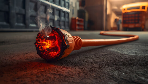 Burning Orange Electrical Cable on Concrete Floor in Warehouse