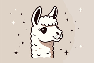 Fototapeta premium Cute white llama head illustration is surrounded by twinkling stars and a neutral beige background for a whimsical animal theme.