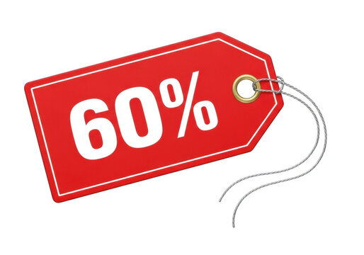 Red sale tag with sixty percent discount isolated on transparent background