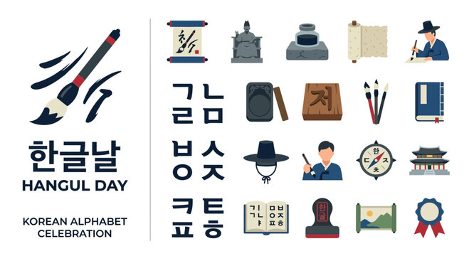 Hangul Day Korean Alphabet Celebration Icons Set