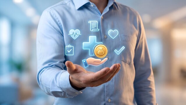 Health insurance and medical cost coverage in hand, healthcare financing with money savings for treatment expenses, patient care plan, hospital service payment and wellness benefit protection