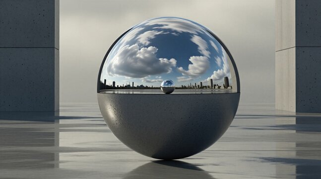 Chrome sphere reflects blue sky, city skyline atop concrete hemisphere. Metal orb rests on split round base in minimalist architectural space. Smooth polished surface contrasts with rough grey stone