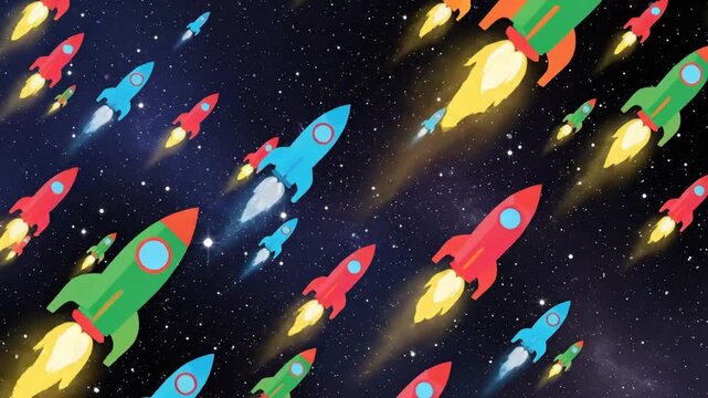 Colorful rockets blasting off in outer space against a dark starry background representing space travel and exploration.