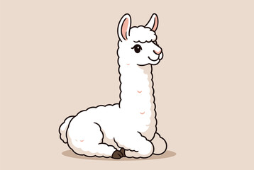 Fototapeta premium Cute white llama or alpaca sitting in a relaxed pose on a plain background in a charming cartoon illustration style.