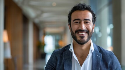 Fototapeta premium Smiling middle eastern man. Professional portrait of a happy businessman in a modern office.