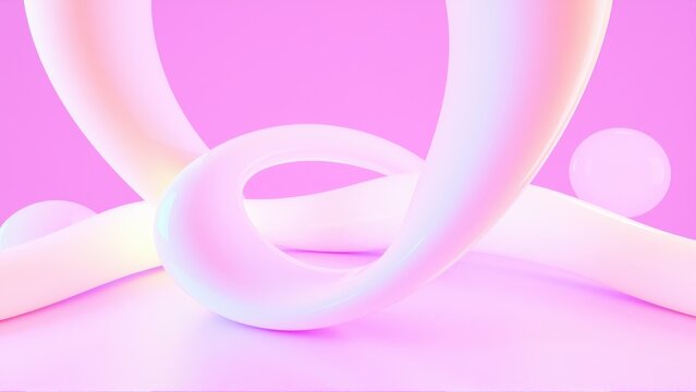 Abstract pink fluid shapes intertwine, creating soft curves. Light reflects, highlighting glossy surfaces against dark background. Minimalist design.