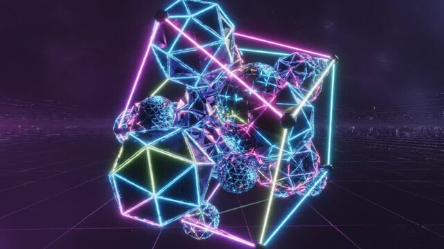 Futuristic abstract glowing geometric shapes on a dark background with grid and spacey feel