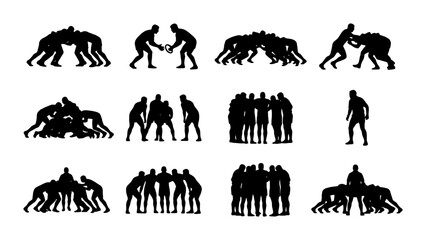 Fototapeta premium Rugby Team Silhouettes, Scrum and Lineout Poses, Sports Action Vector Icons