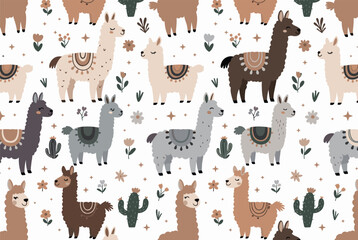 Fototapeta premium Seamless repeating pattern featuring cute illustrated llamas or alpacas, green cacti, and small colorful flowers on a white background.
