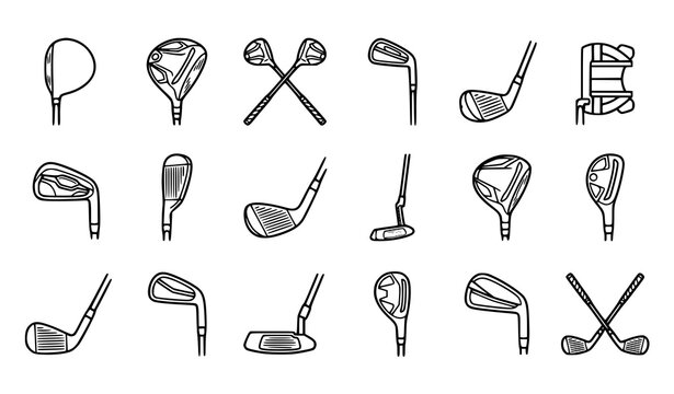 Minimal Golf Club Outline Icon Collection with Sporting Equipment Vector Designs for Leisure and Outdoor Activities