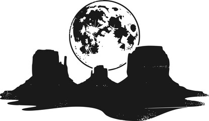 大きく詳細な満月を背景にしたモニュメントバレーの残丘の白黒シルエット © Omar