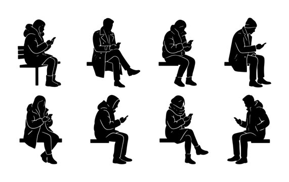 Diverse People Silhouettes Using Smartphones, Sitting on Benches, Winter Coats, Casual Outdoor Scenes, Vector Collection