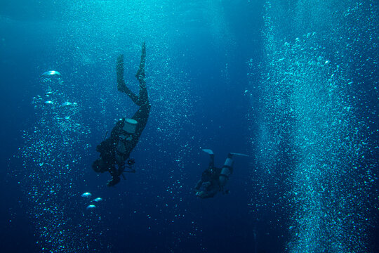 Safety stop in scuba diving.Scuba divers performing a safety stop at the end of a dive.Underwater bubbles, water bubbles.Egypt.