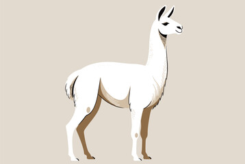 Fototapeta premium Elegant white llama or alpaca standing in profile against a plain tan background in a refined illustration style.