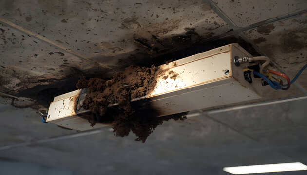 Dirty Fluorescent Light Fixture on Ceiling with Mold