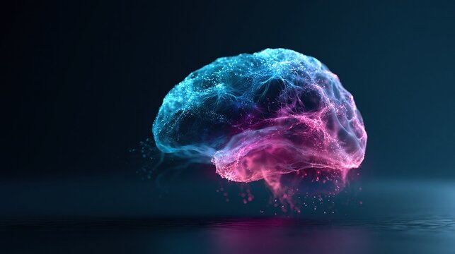 Abstract digital brain with glowing neural network on dark background