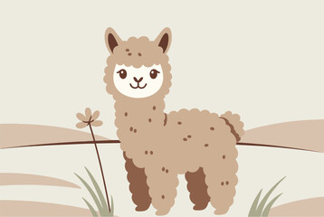 Fototapeta premium Adorable fluffy cartoon alpaca standing in a peaceful field with grass and a small flower under a soft neutral colored sky.