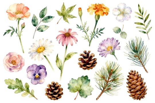 Watercolor Botanical Collection: Flowers, Leaves & Pinecones