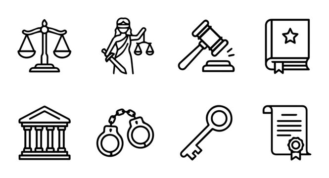 Justice and Law Icons Set: Scales, Gavel, Lady Justice, Courtroom, Handcuffs, Key, Book, Scroll Vector Graphics