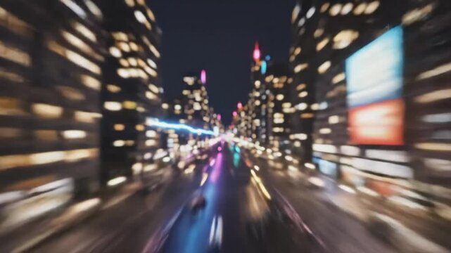 Futuristic nighttime cityscape with streaks of light, high-speed chase, and a fast-paced motion blur.