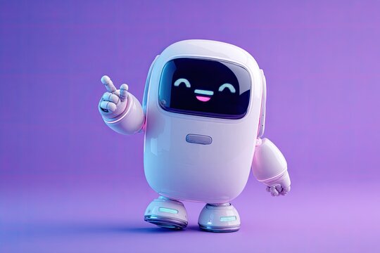 Whimsical, stylized robot character with glowing accents, a smiling display, and gesture