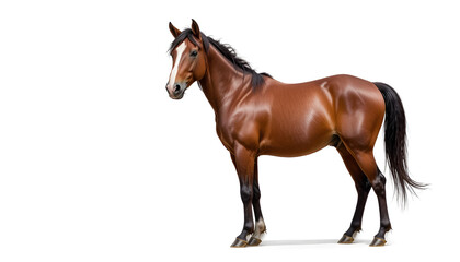 Obraz premium Horse posing gracefully in a full body side view highlights its athletic build and shiny chestnut fur, set against a stark white backdrop to emphasize the refined silhouette of the creature.