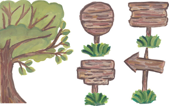 Tree and signboards hand drawn watercolor art