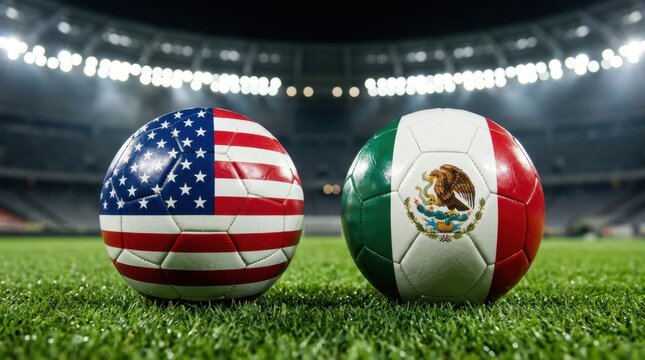 USA vs Mexico Soccer Showdown: National Flag Footballs on Lush Stadium Grass under Bright Floodlights - A Symbol of International Sports Rivalry and Competition