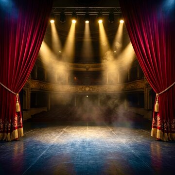 Red curtains frame an empty, dimly lit theater stage