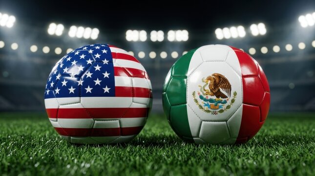USA vs Mexico Soccer Rivalry: Two national flag footballs on a vibrant stadium pitch under bright lights, symbolizing international competition and championship dreams.